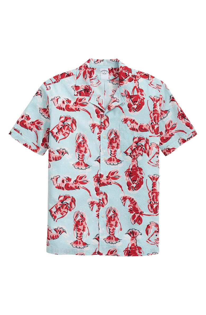 Brooks Brothers Lobster Print Stripe Cotton Seersucker Camp Shirt, Main, color,