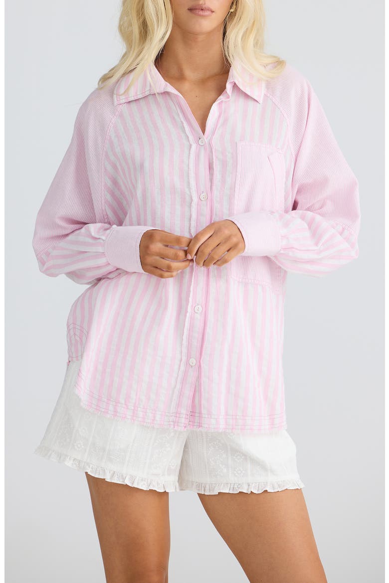 Yellowstone Oversize Stripe Raw Edge Cotton Button-Up Shirt, Alternate, color, PINK STRIPE