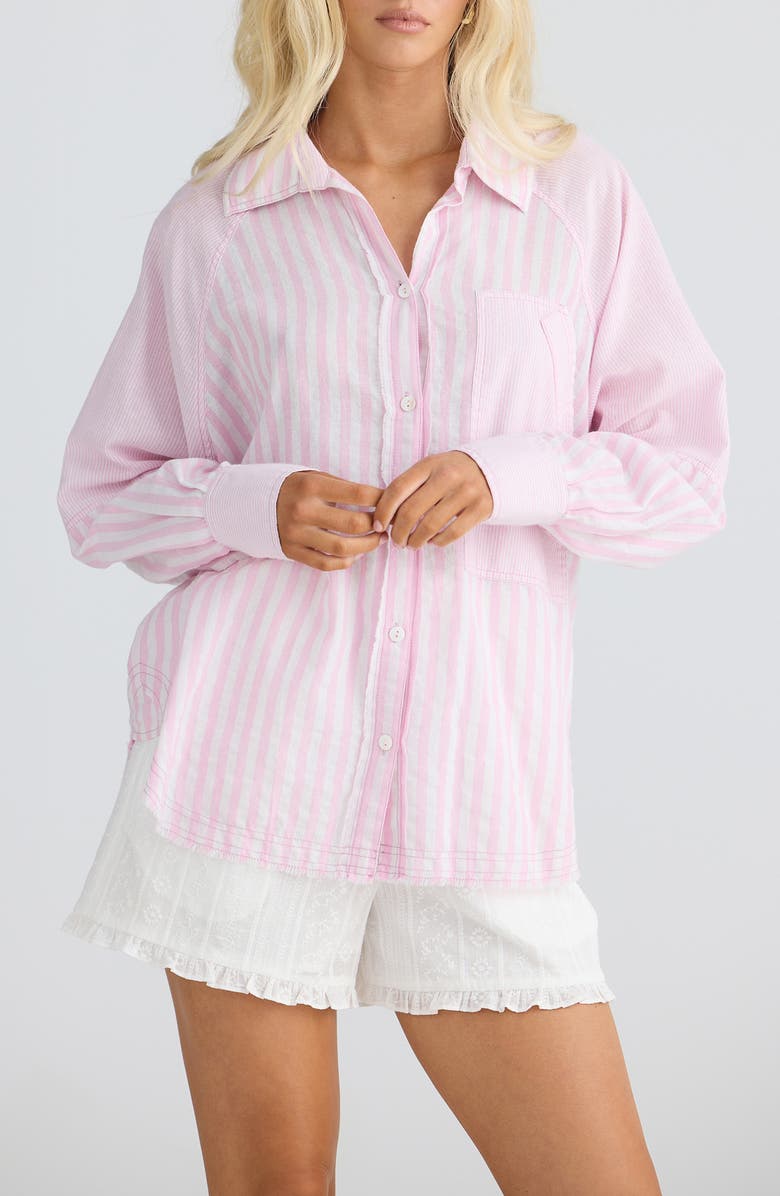 Talisman the Label Yellowstone Oversize Stripe Raw Edge Cotton Button-Up Shirt, Alternate, color,