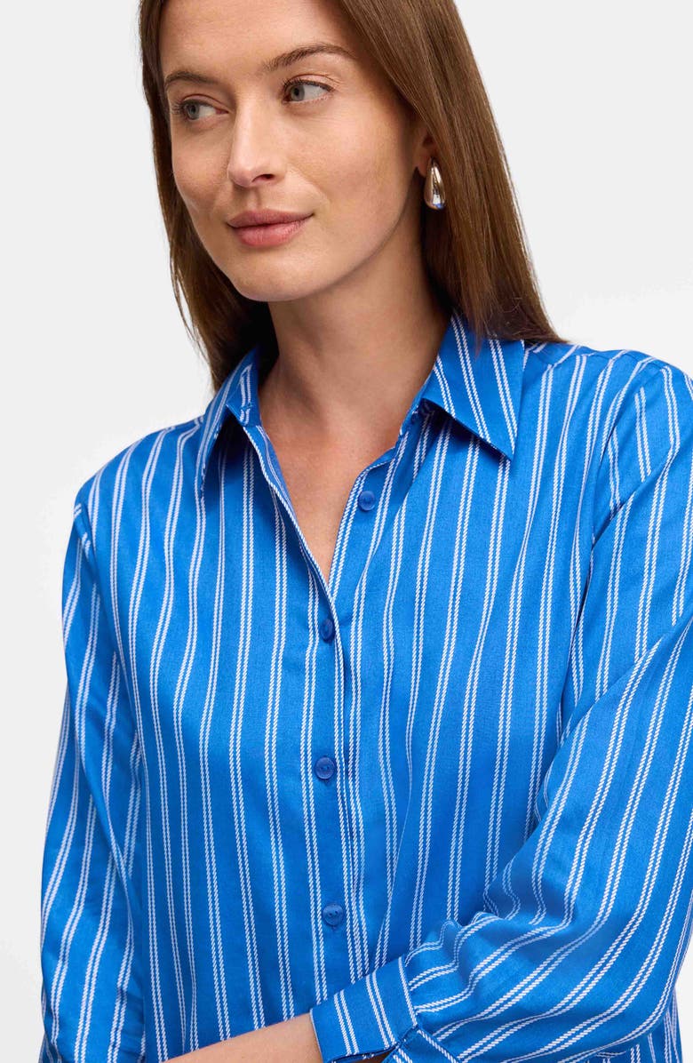 Foxcroft Evelyn Stripe Three-Quarter Sleeve Cotton Button-Up Shirt, Alternate, color, Cobalt Blue/ White