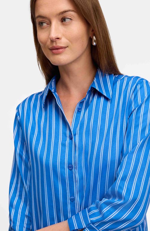 Foxcroft Evelyn Stripe Three-quarter Sleeve Cotton Button-up Shirt In Blue