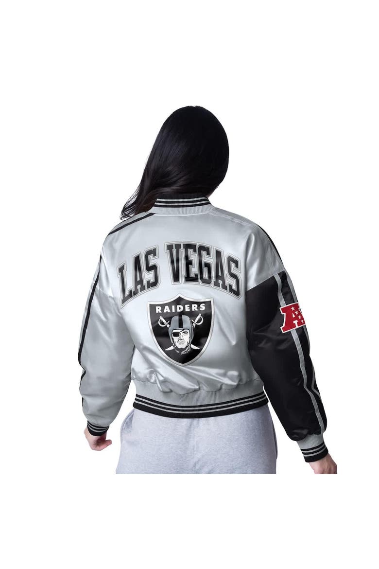 Women's Starter  Black/Silver Las Vegas Raiders Zone Blitz Cropped Full-Snap Satin Jacket, Alternate, color, Black