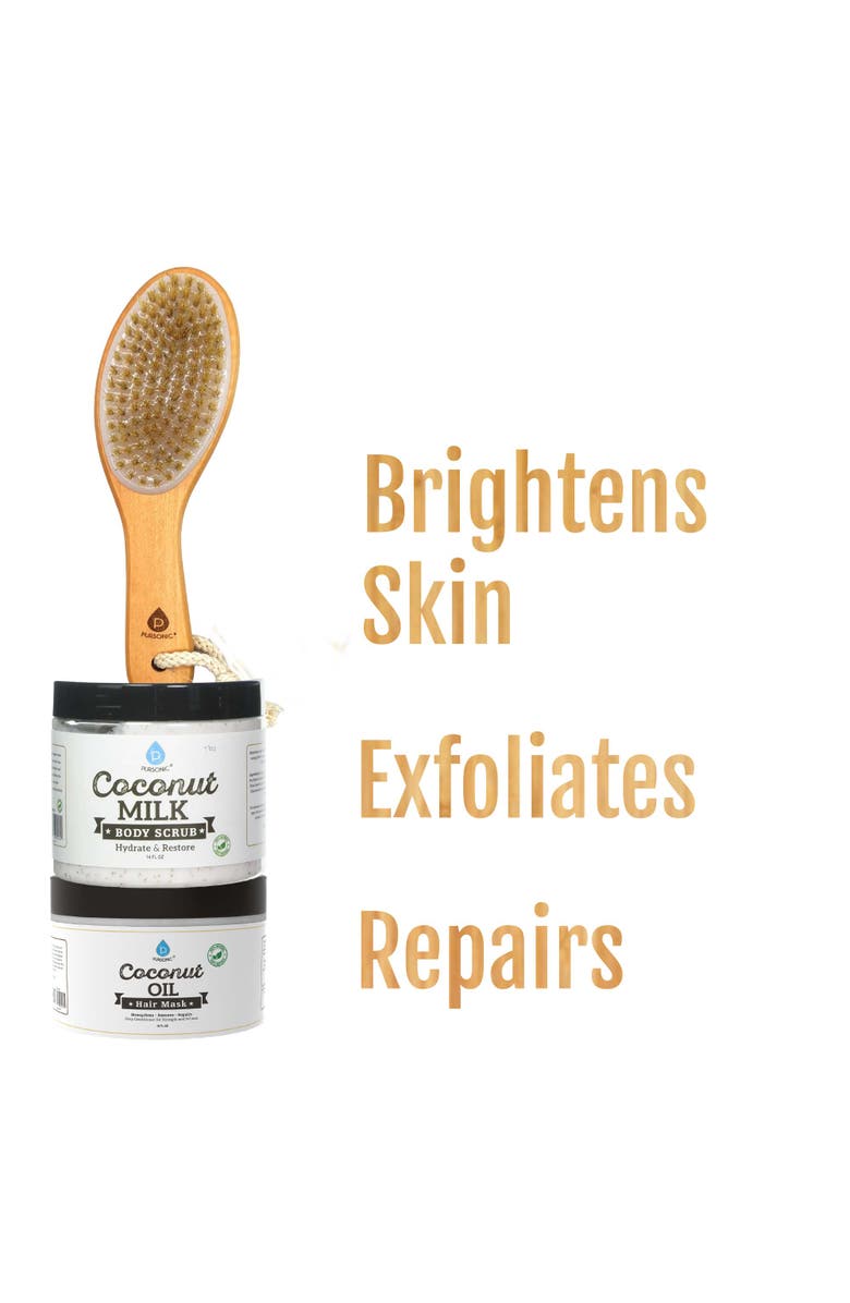 PURSONIC Bath Body Brush With Lotus Wooden Handle & Coconut Care Bundle, Alternate, color, Multicolor