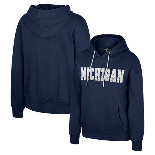Colosseum Navy Michigan Wolverines Reflection Rhinestone Drawcord Pullover Hoodie In Blue