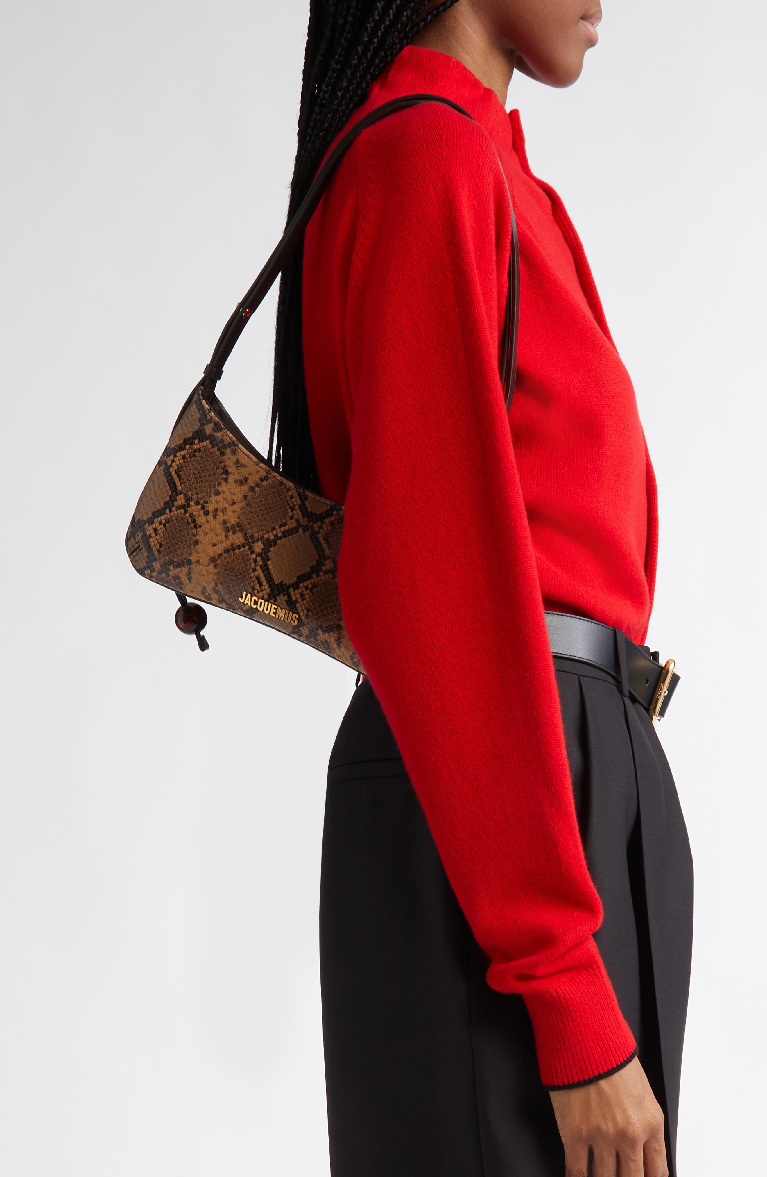 Jacquemus Le Bisou Perle Snakeskin Embossed Leather Shoulder Bag, Alternate, color, 