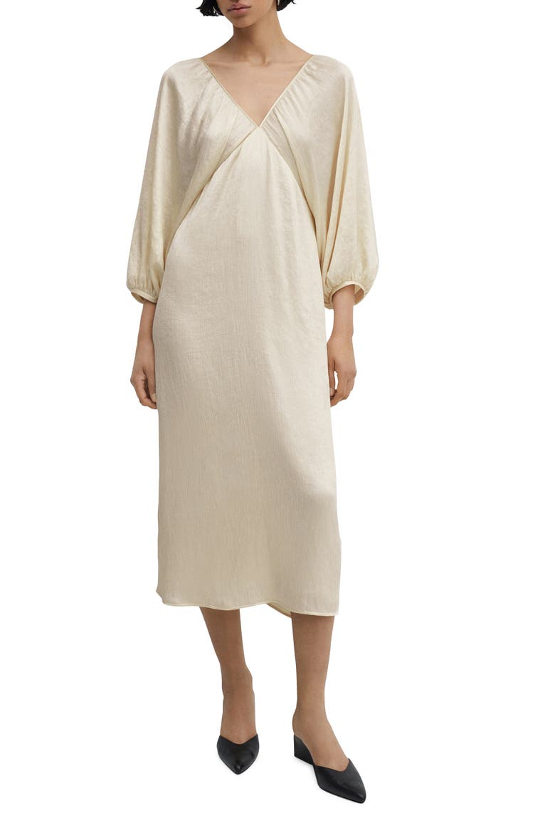 Deep V-Neck Satin Midi Dress, Main, color, LIGHT BEIGE