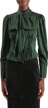 Avec Les Filles Satin Stripe Burnout Scarf Neck Top