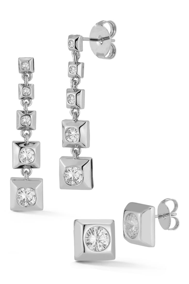 Cubic Zirconia Drop & Stud Earrings Set, Main, color, SILVER