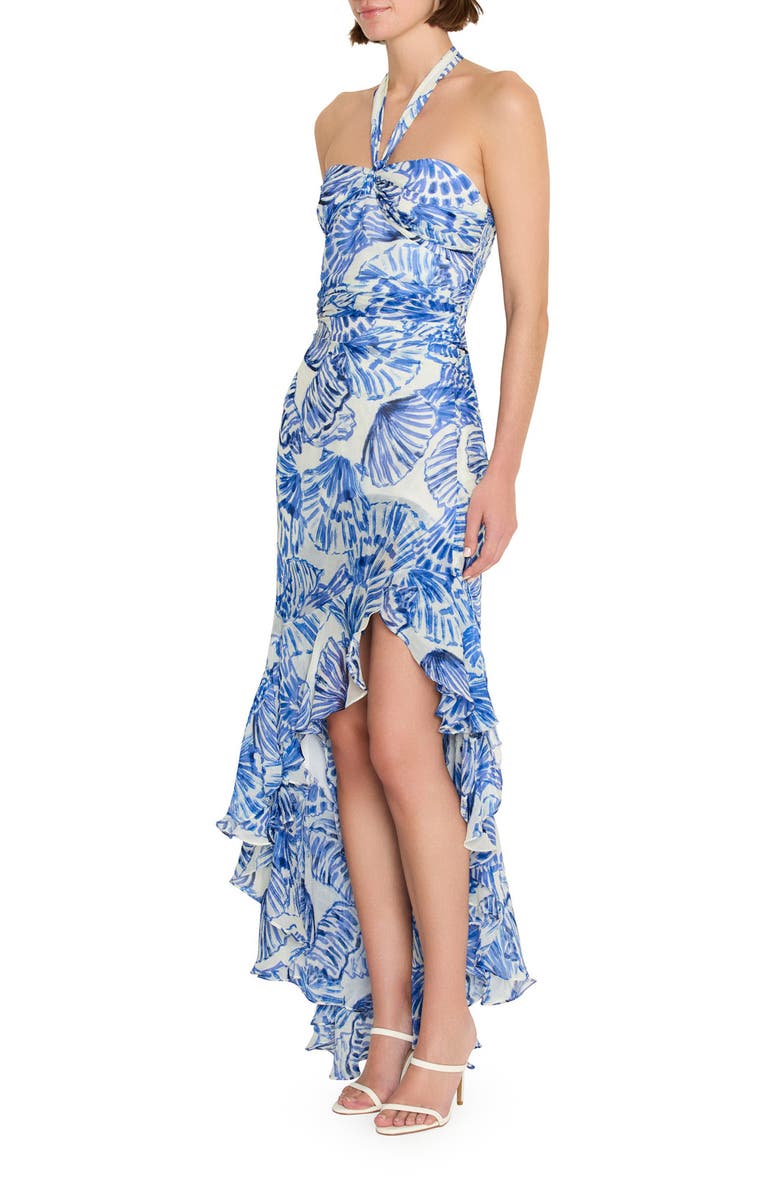 Amanda Uprichard Marabou Ruffle Halter High-Low Cocktail Dress, Alternate, color, Blue Shell Print
