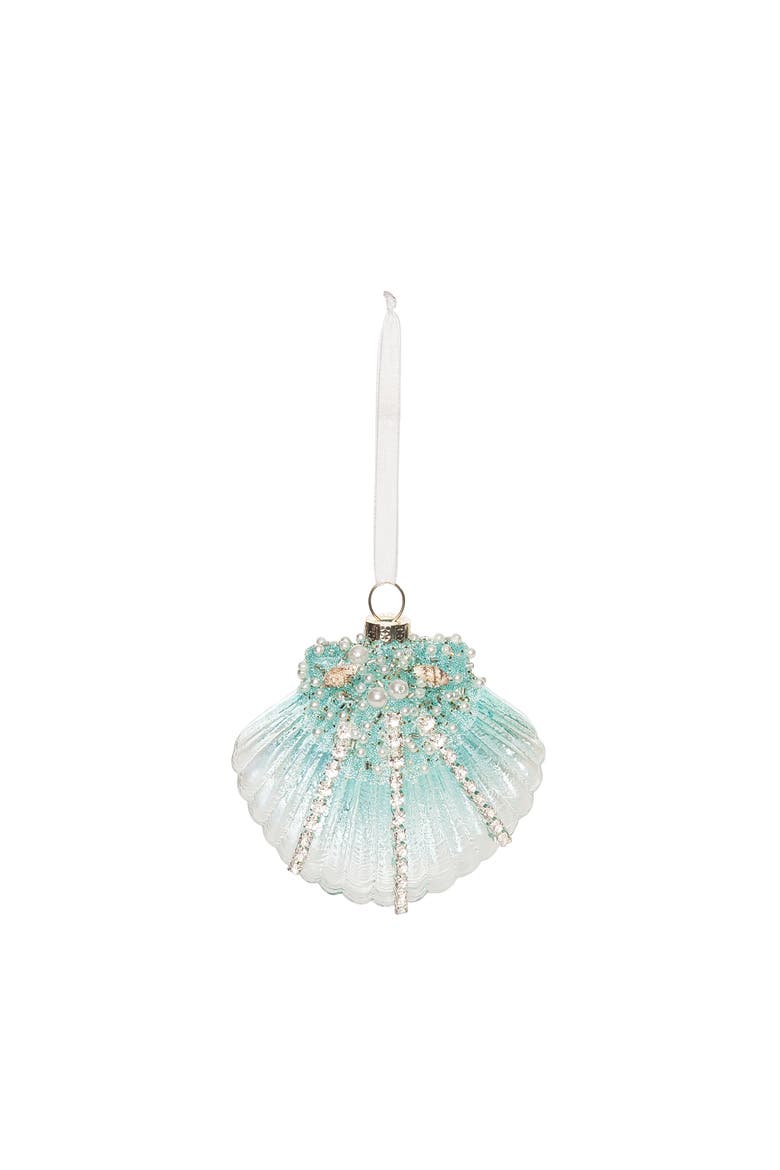 3.54" Glass & Pearls Aqua Fan Sea Shell Hanging Ornament, Main, color, Green