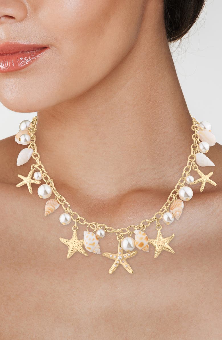 JARDIN Shell & Faux Pearl Charm Necklace, Alternate, color, White/ Gold