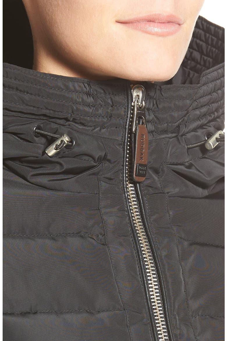'Calyo' Leather Trim Hooded Down Coat, Alternate, color, BLACK
