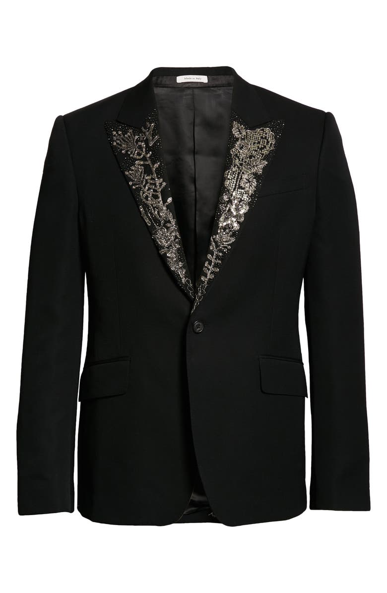 McQueen Alexander McQueen Embellished Wool Tuxedo Jacket, Alternate, color, 1000 Black
