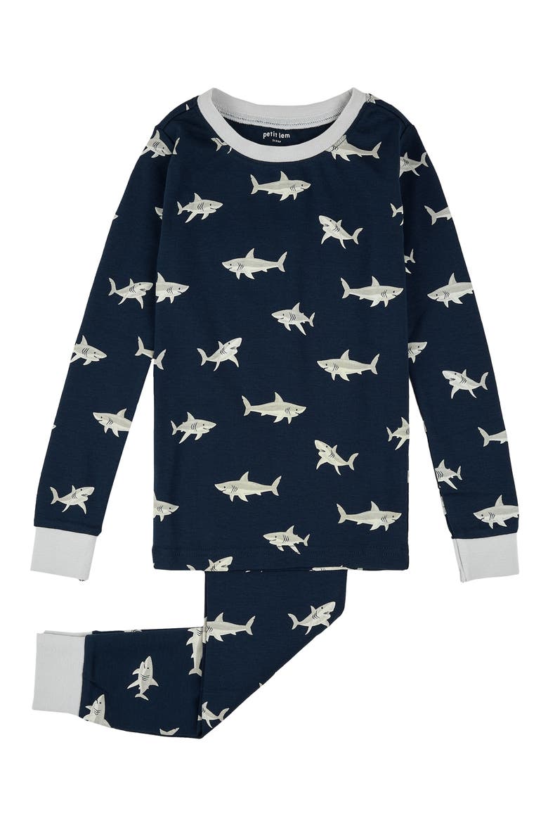 Kids' Shark Print Fitted Two-Piece Organic Cotton Rib Pajamas, Main, color, NAVY