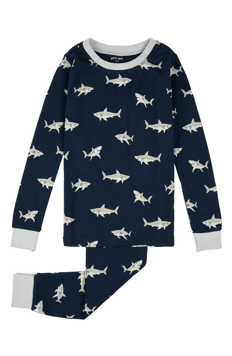 Petit Lem Kids' Shark Print Fitted Two-Piece Organic Cotton Rib Pajamas, Main, color, 