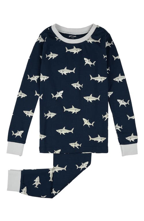 Petit Lem Kids' Shark Print Fitted Two-piece Organic Cotton Rib Pajamas In Blue