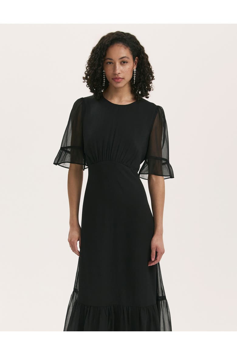 Jennifer Short Sleeve Chiffon Midi Dress, Alternate, color, Black