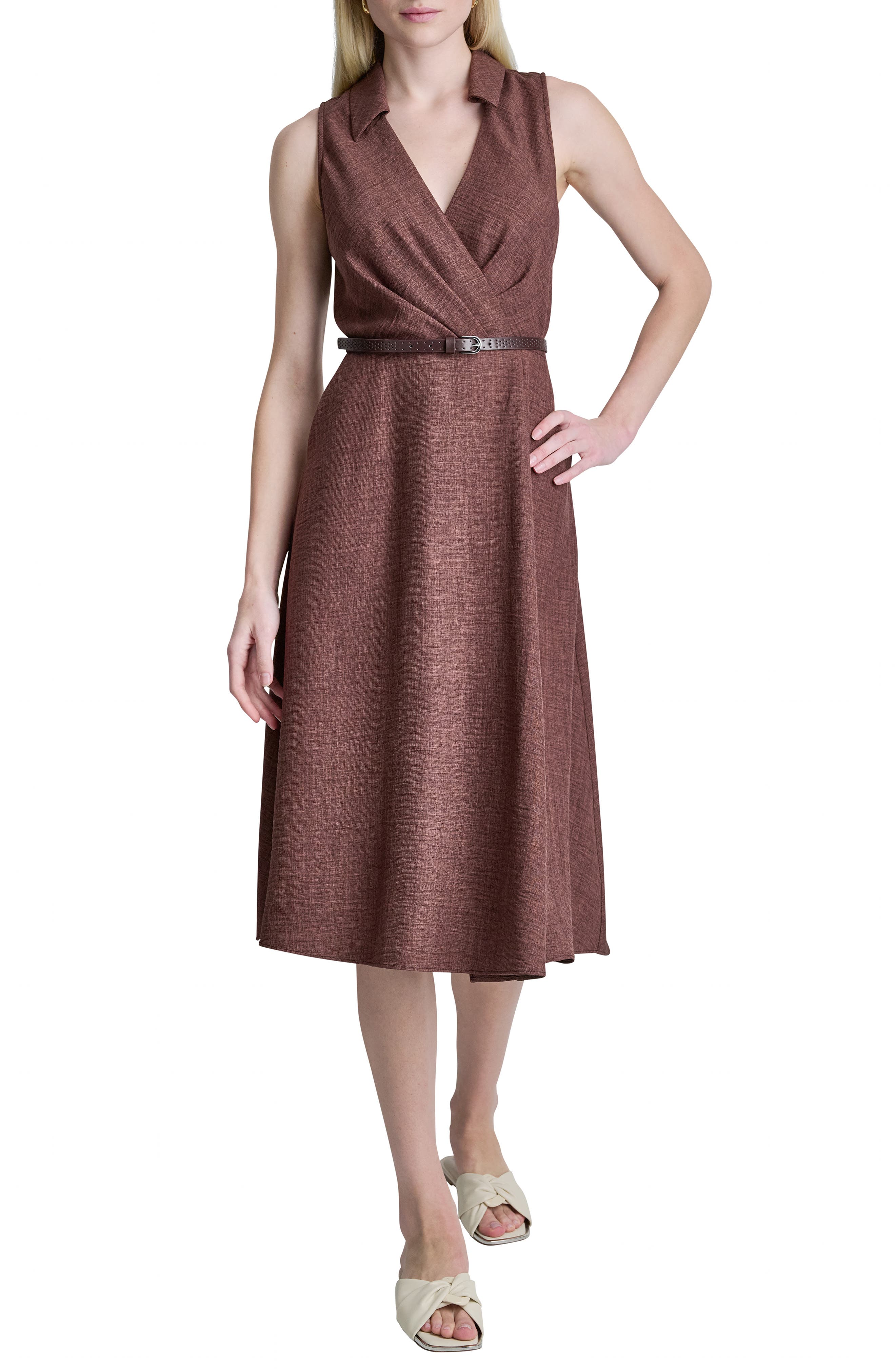 Faux Wrap Belted Midi Dress