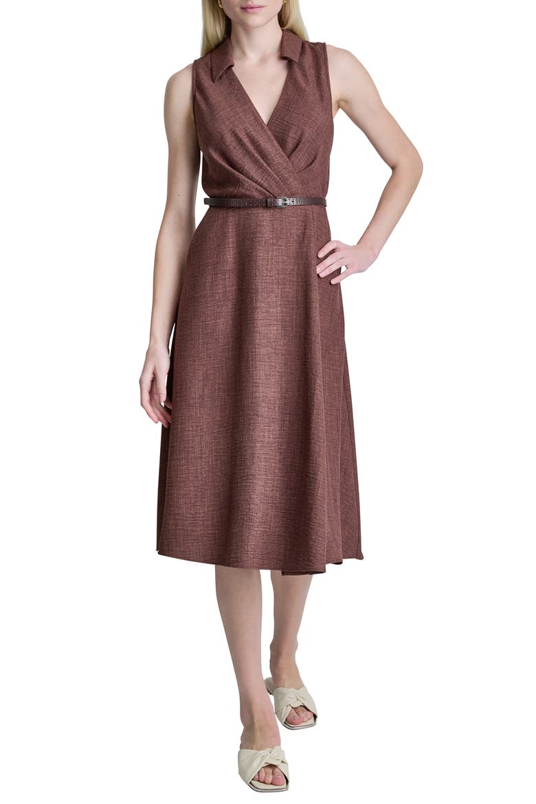 Faux Wrap Belted Midi Dress, Main, color, JAVA