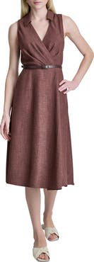 DKNY Faux Wrap Belted Midi Dress