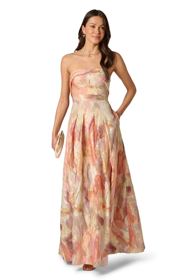 Strapless Floral Print Metallic Jacquard Gown, Alternate, color, CORAL MULTI