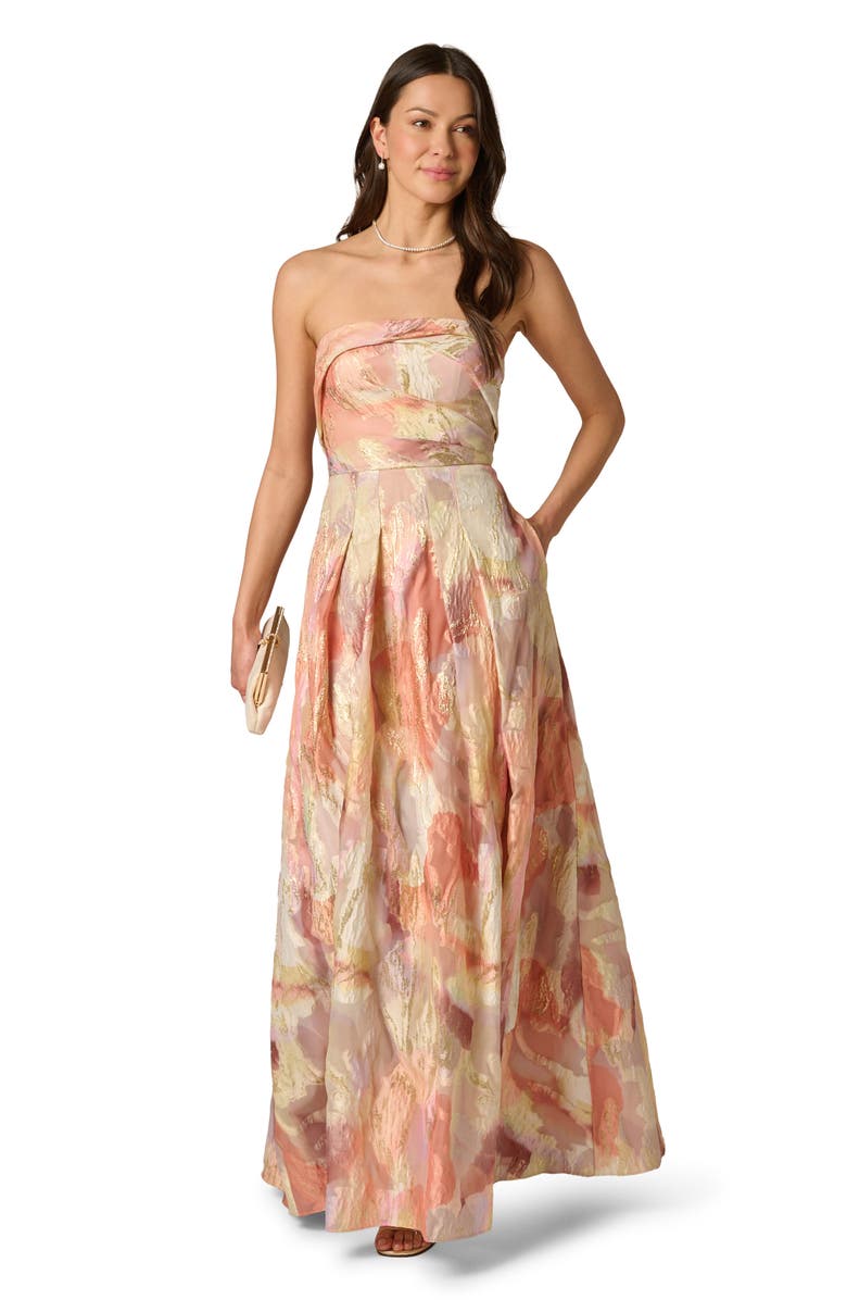 Aidan Mattox Strapless Floral Print Metallic Jacquard Gown, Alternate, color, Coral Multi
