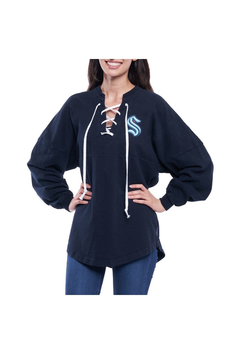 Women's Fanatics Branded Navy Seattle Kraken Lace Up Long Sleeve Spirit Top, Main, color, Navy