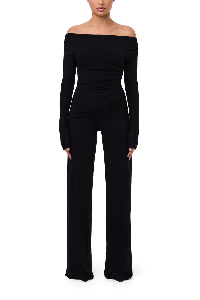 Off the Shoulder Ruched Top, Alternate, color, BLACK