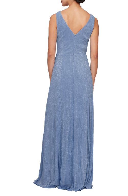 Alex Evenings Tie Waist Metallic Sleeveless Gown In Dusty Blue