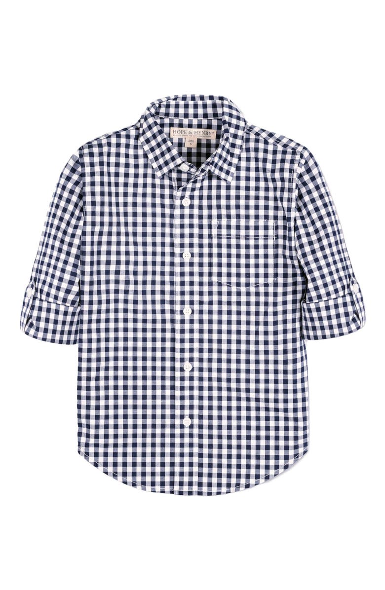 Hope & Henry Baby Boys' Organic Stretch Poplin Roll-Up Shirt, Infant, Alternate, color, Navy Gingham