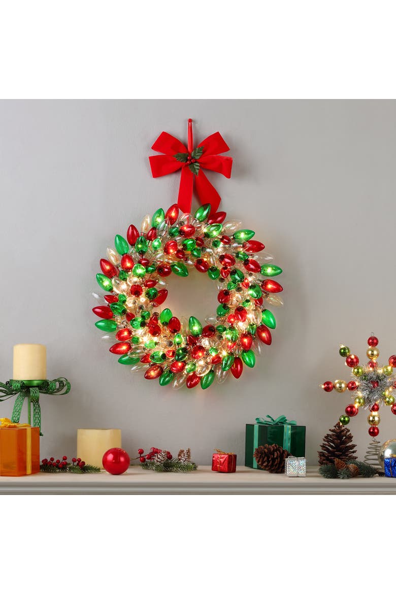 17 in. Retro C9 Bulb Wreath, Alternate, color, Red & Green