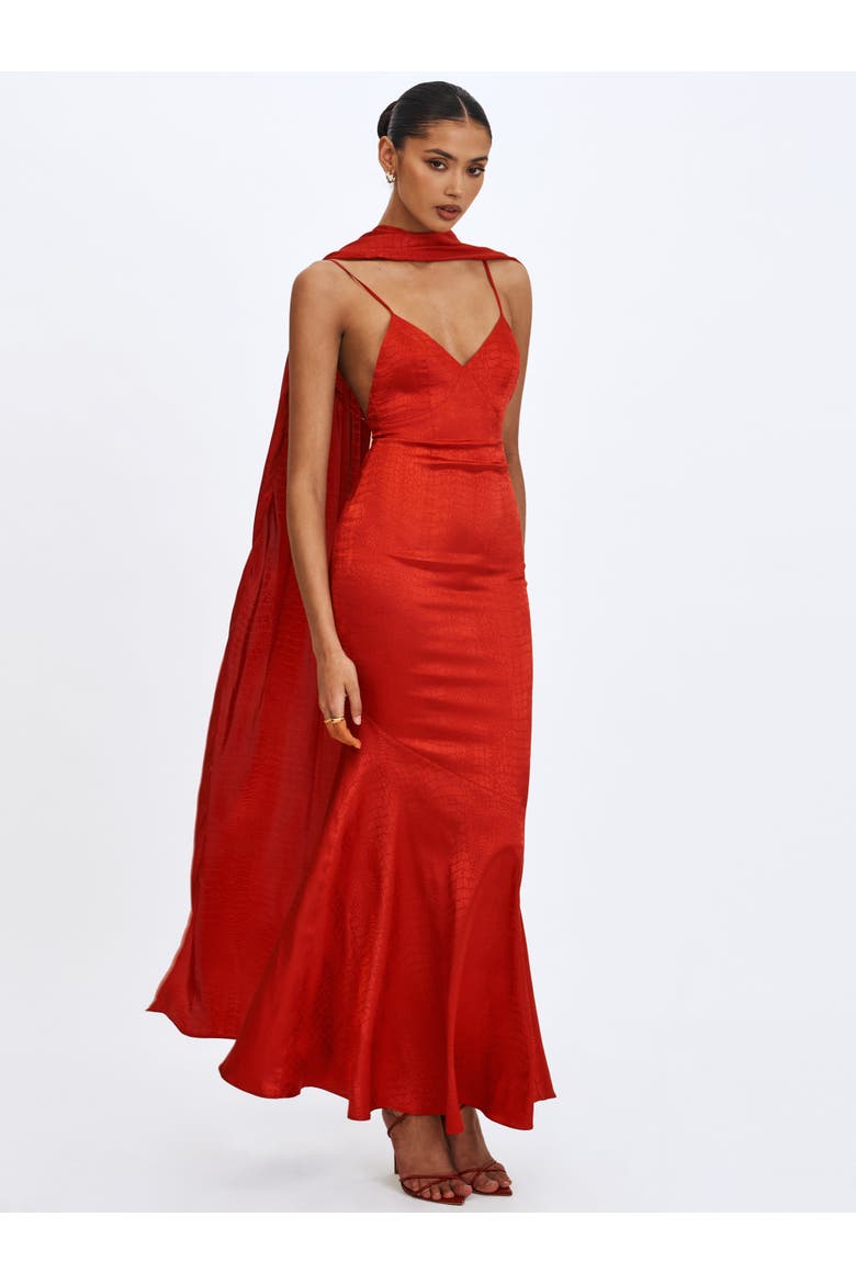 Kelsey Croc-Embossed Flared Hem Maxi Dress with Scarf, Alternate, color, Scarlet
