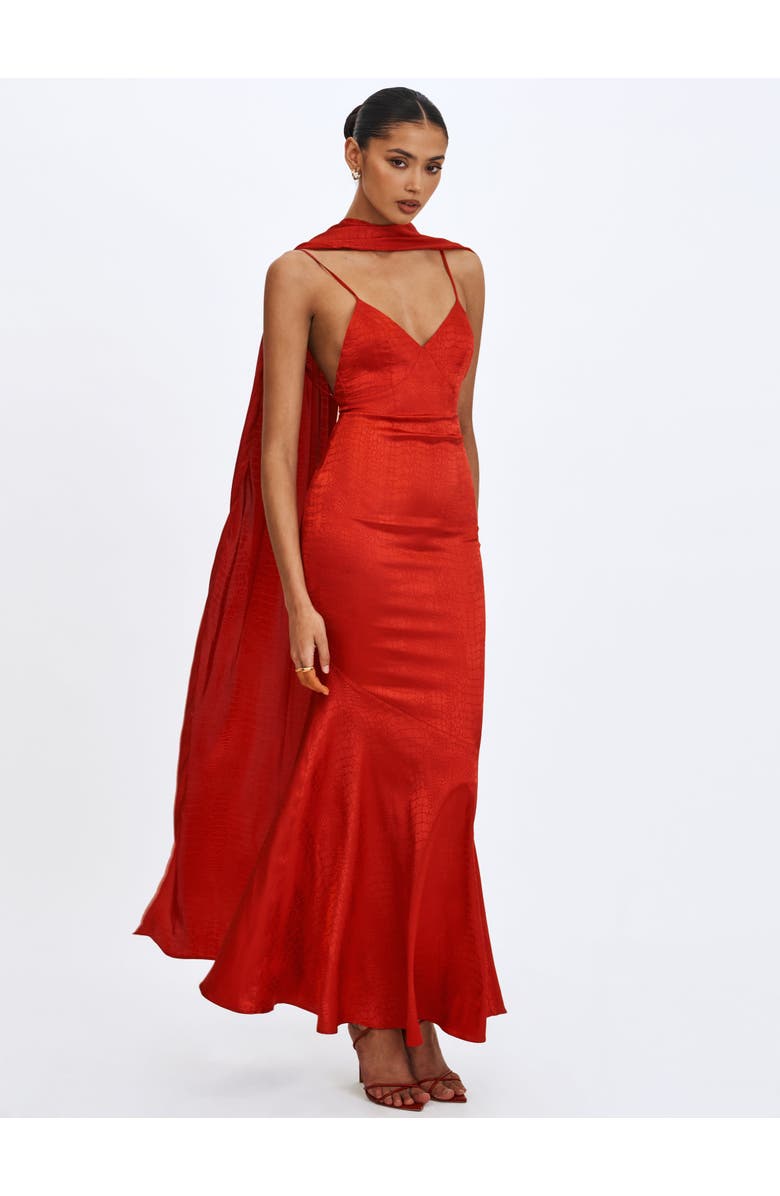 Miss Circle Kelsey Croc-Embossed Flared Hem Maxi Dress with Scarf, Alternate, color, Scarlet