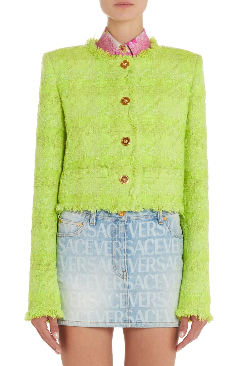 Macrocheck Metallic Tweed Crop Jacket, Main, color, LIME