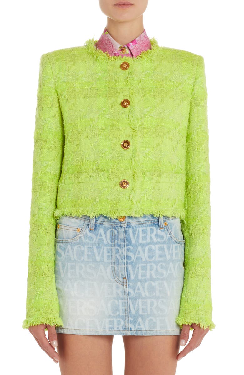 Versace Macrocheck Metallic Tweed Crop Jacket, Main, color, 