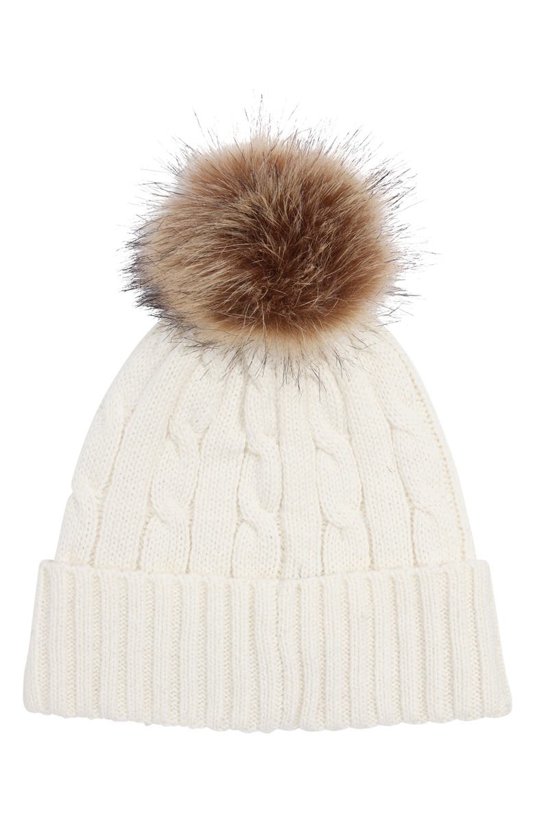 Lauren Ralph Lauren Cable Stitch Crew Patch Pompom Beanie, Alternate, color, Cream