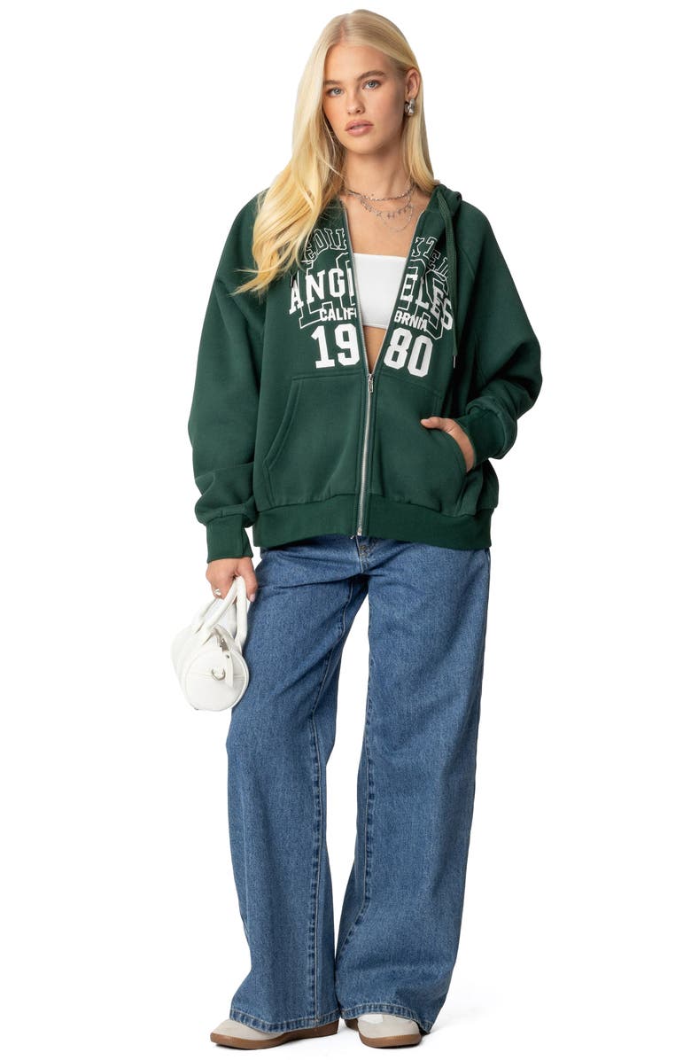 EDIKTED 1980 Graphic Oversize Zip Hoodie, Alternate, color, Dark-Green