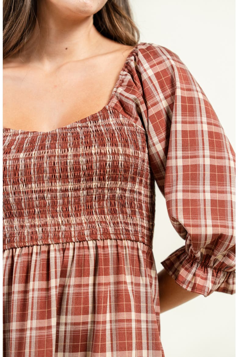 Plaid Three-Quarter Sleeve Tiered Dress, Alternate, color, RUST