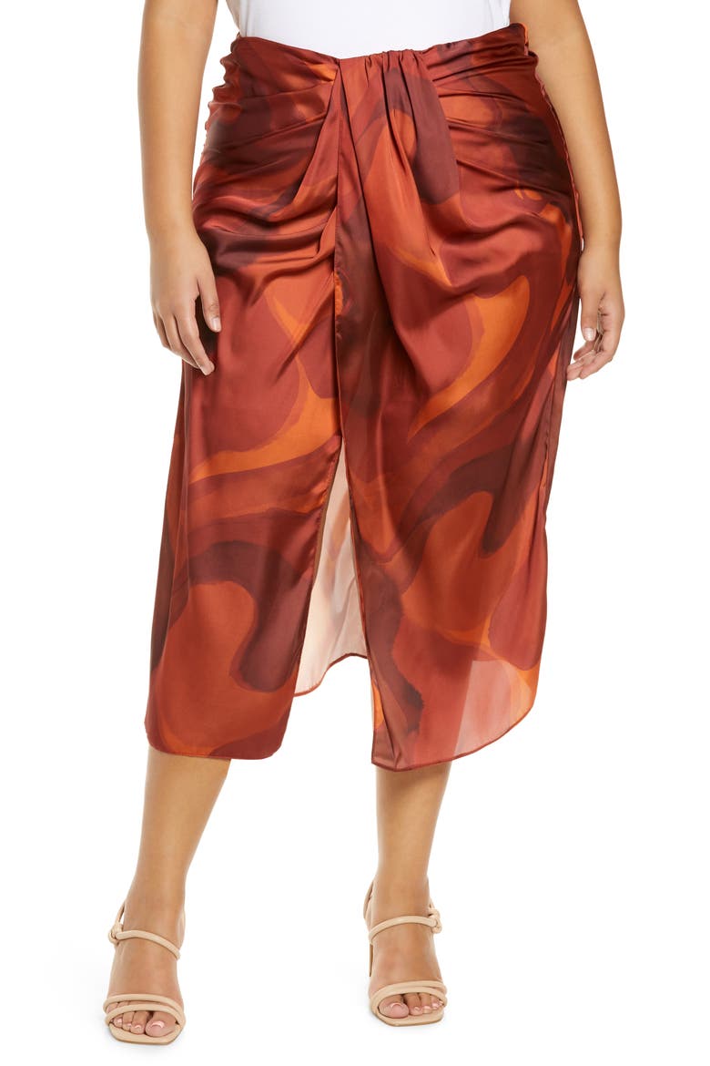 Curve Swirl Print Drape Wrap Skirt, Main, color, BROWN MULTI