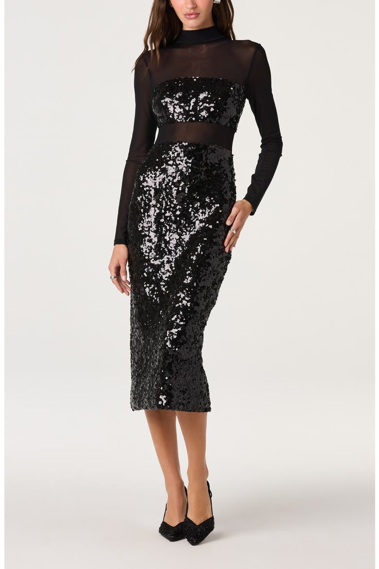 Daja Sequined Mock Neck Long Sleeve Midi Dress, Alternate, color, BLACK