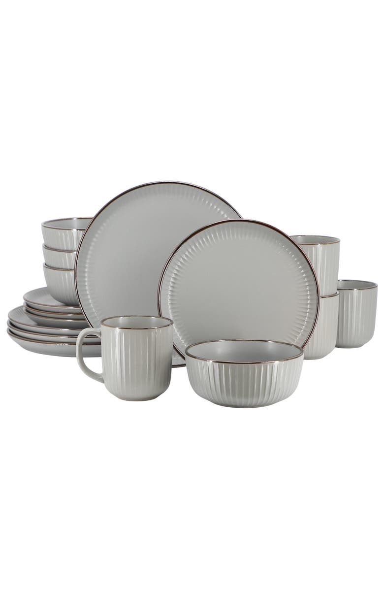 Elama Leo 16 Piece Stoneware Dinnerware Set, Main, color, Grey