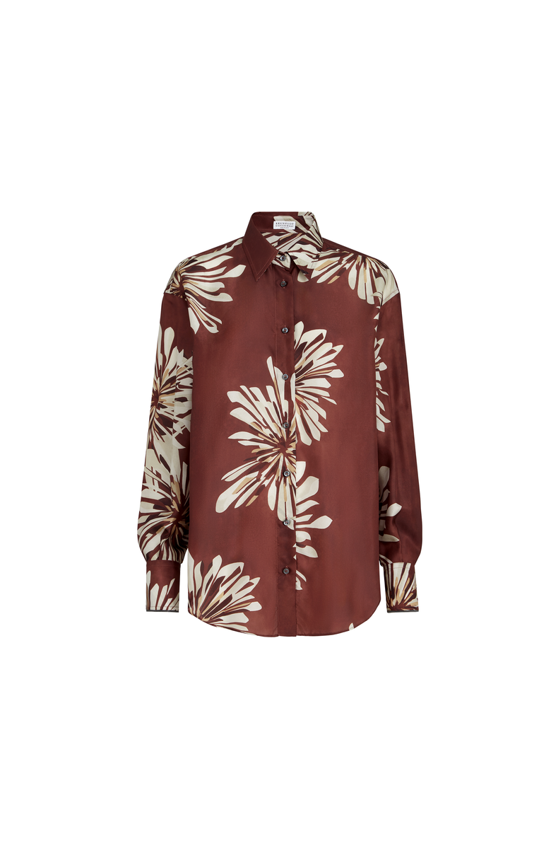 Brunello Cucinelli Bloom print pongee shirt, Main, color, Bordeaux
