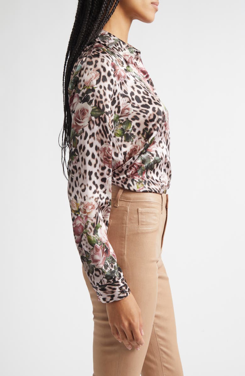 L'AGENCE Tyler Leopard Rose Print Silk Button-Up Shirt, Alternate, color, Small Rose Cheetah