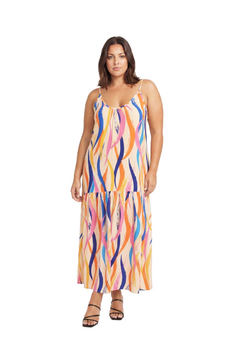 24seven Comfort Apparel Curvy Essential Abstract Print Scoop Neck Spaghetti Strap Pocket A-Line Maxi Dress, Main, color, Orange Multi