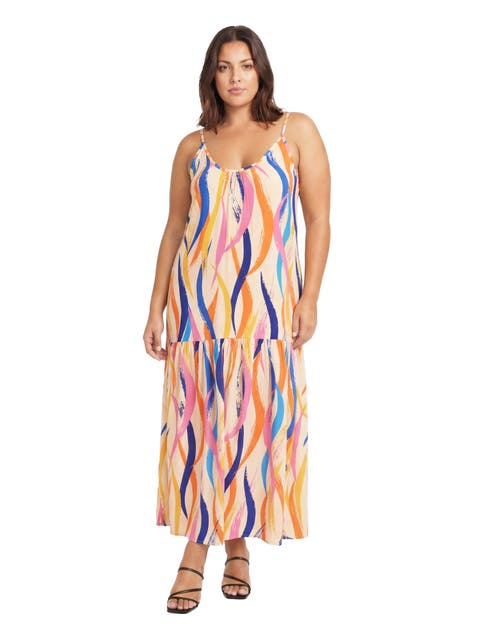 Curvy Essential Abstract Print Scoop Neck Spaghetti Strap Pocket A-Line Maxi Dress