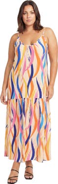 24seven Comfort Apparel Curvy Essential Abstract Print Scoop Neck Spaghetti Strap Pocket A-Line Maxi Dress