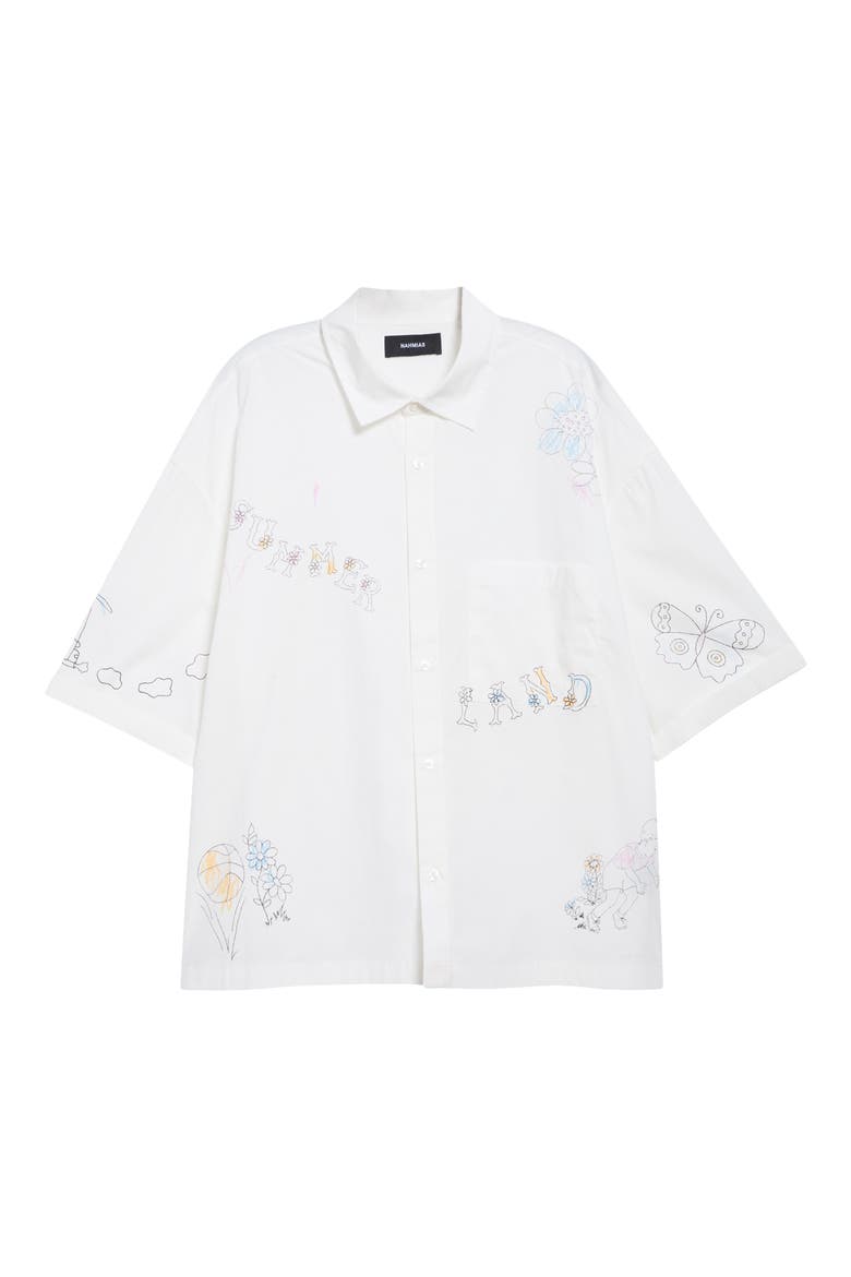 Oversize Scribble Short Sleeve Cotton Poplin Button-Up Shirt, Main, color, WHITE POPLIN