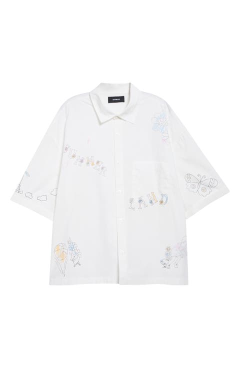 Oversize Scribble Short Sleeve Cotton Poplin Button-Up Shirt