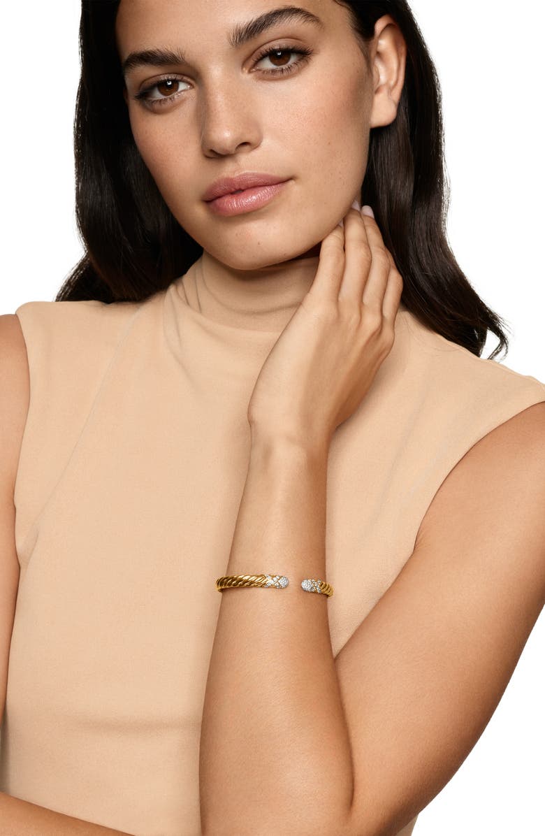 David Yurman Sculpted Cable X Cuff Bracelet in 18K Yellow Gold with Diamonds, 6mm, Alternate, color, Diamond