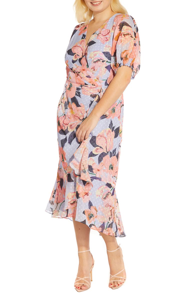 Adrianna Papell Floral Print Faux Wrap Chiffon Dress, Alternate, color, 
